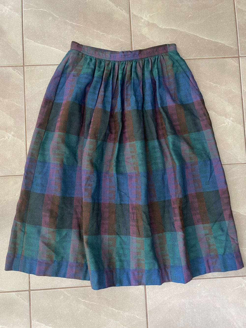 Vintage Liz Claiborne Wool Purple and Teal Geometric Pattern A line Midi Skirt